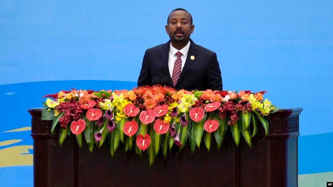 Ethiopian Prime Minister Abiy Ahmed delivers a speech on stage during the Belt and Road Forum at the Great Hall of the People in Beijing, Oct. 18, 2023.