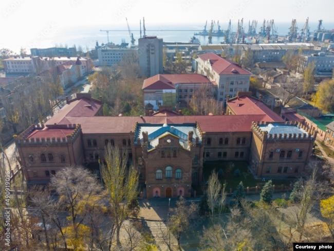 FILE - Aerial drone view of Berdiansk State Pedagogical University in Berdiansk, Ukraine. (Adobe Stock photo by анютка фролова)