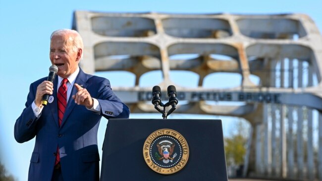 President Joe Biden speaks at the Edmund Pettus Bridge in Selma, Alabama, March 5, 2023, to commemorate the 58th anniversary of “Bloody Sunday,” a landmark event of the U.S. civil rights movement.