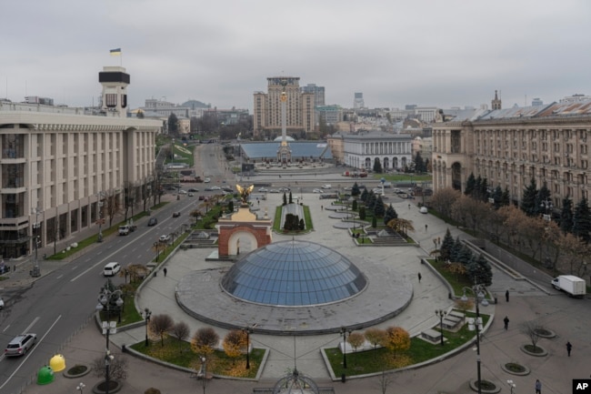 FILE - A view of Independence Square in Kyiv, Ukraine, Thursday, Nov. 10, 2022. (AP Photo/Andrew Kravchenko)