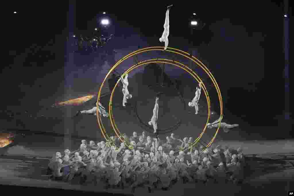 Artists perform during the 2024 Summer Olympics closing ceremony at the Stade de France, Aug. 11, 2024, in Saint-Denis, France.