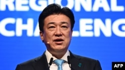 日本防卫大臣木原稔在新加坡举行的香格里拉对话会上发表讲话。（2024年6月1日）