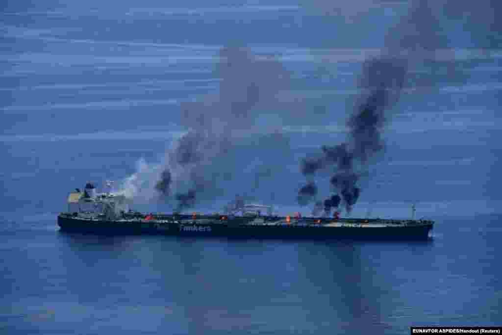 Flames and smoke rise from the Greek-flagged oil tanker Sounion, which has been on fire since August 23, on the Red Sea, Aug. 25, 2024.&nbsp;Yemen&#39;s Houthis said they attacked the Sounion in the Red Sea.&nbsp;