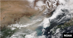 한반도와 중국 일대를 촬영한 미 해양대기청(NOAA)의 위성사진. 황사가 중국과 한반도 서해, 북한 서해지역 등을 뒤덮고 있다. 자료=NOAA