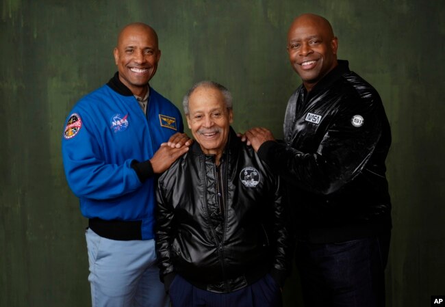 NASA astronauts Victor Glover, from left, Ed Dwight and Leland Melvin pose for a portrait to promote the National Geographic documentary film "The Space Race" during the Winter Television Critics Association Press Tour, Feb. 8, 2024. (AP Photo/Chris Pizzello)