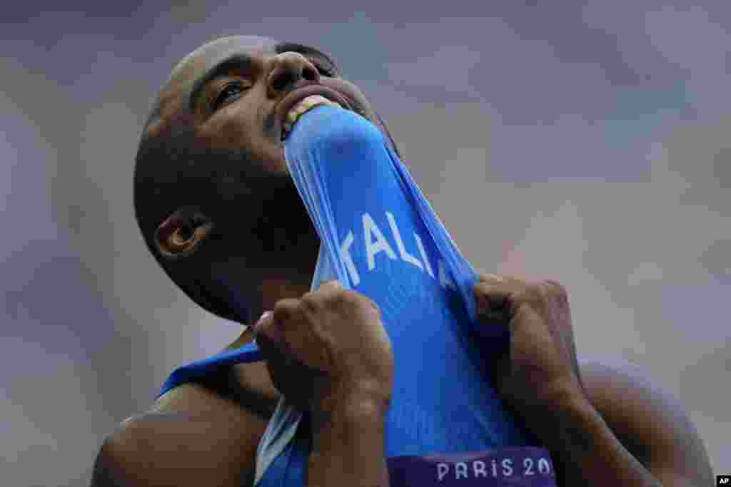 Diego Aldo Pettorossi of Italy reacts after his men&#39;s 200-meters repechage at the 2024 Summer Olympics in Saint-Denis, France.