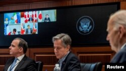 Menteri Luar Negeri AS Antony Blinken menghadiri pertemuan virtual dengan para pemimpin negara-negara G7 dari Gedung Putih di Washington, pada 14 April 2024. (Foto: The White House/Handout via Reuters)