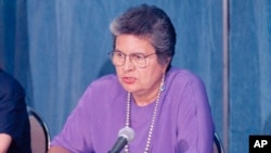 FILE - Ada Deer meets reporters at the Interior Department in Washington, Sept. 7, 1995. Deer, an esteemed Native American leader from Wisconsin, died from natural causes at age 88 on Aug. 15, 2023.
