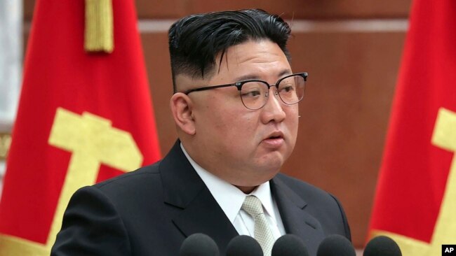 FILE - In this photo provided by the North Korean government, North Korean leader Kim Jong Un speaks during a meeting of the ruling Workers' Party at its headquarters in Pyongyang, North Korea, Feb. 26, 2023.