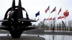 Seorang pria berjalan melintas di depan bendera negara-negara anggota Pakta Pertahanan Atlantik Utara (NATO) di markas NATO di Brussels, Belgia, 11 Maret 2024. (Foto: Geert Vanden Wijngaert/AP Photo)