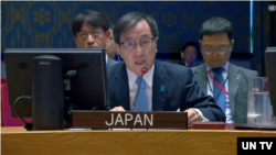 12일 뉴욕 유엔본부에서 열린 북한 인권 관련 안보리 공개회의에서 일본의 야마자키 카즈유키 유엔 주재 대사가 발언하고 있다.