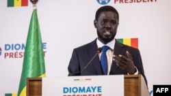 Senegalese opposition presidential candidate Bassirou Diomaye Faye addresses his first press conference after being declared winner of Senegal's presidential election, in Dakar, on March 25, 2024.