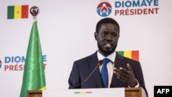FILE - Bassirou Diomaye Faye addresses his first press conference after being declared winner of Senegal's presidential election, in Dakar, on March 25, 2024. Final results of the election were released March 29.