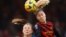 Brighton & Hove Albion's Veatriki Sarri duels for the ball with Manchester City's Laia Aleixandri during the Women's Super League at the Broadfield Staduim in Crawley, Britain, March 12, 2023.