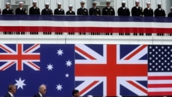 美國、英國和澳洲領導人2023年3月13日宣布推動AUKUS核潛艦方案。（路透社）