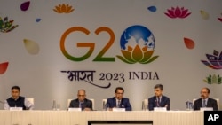 G20 Summit sherpa Amitabh Kant, center, addresses a press conference at the International Media Center ahead of the summit in New Delhi, Sept. 8, 2023.