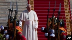 Pope Francis attends a welcome ceremony, Sept. 2, 2023, in front of the Saaral Ordon Government Building in Sukhbaatar Square in Ulaanbaatar, Mongolia.