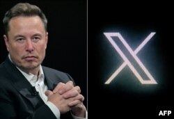 (COMBO) SpaceX, Twitter, dan CEO pembuat mobil listrik Tesla Elon Muskdi pameran startup dan inovasi teknologi Vivatech di pusat pameran Porte de Versailles di Paris, 16 Juni 2023 (kiri) dan logo Twitter baru diganti namanya menjadi X (kanan).(Alain JOCARD / AFP)