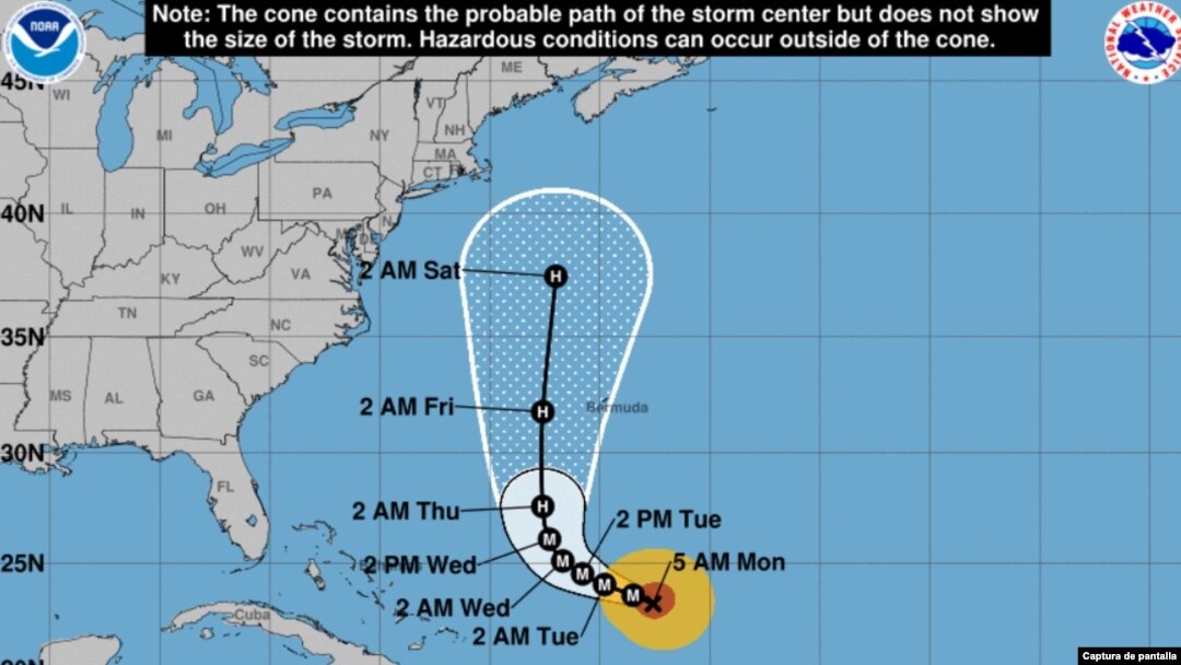 Posición y pronóstico del huracán Lee el lunes 11 de septiembre de 2023 a las 5 AM. 