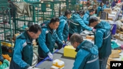 Para pekerja tampak menyortir paket untuk dikirimkan kepada konsumen di sebuah pusat logistik di Zouping, China, pada 10 November 2023. (Foto: AFP)