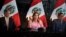 La presidenta de Perú, Dina Boluarte, en conferencia de prensa, acompañada de sus abogados Mateo Castañeda y Eduardo Barriga, en medio de una investigación por posesión de joyas costosas, entre ellas relojes Rolex y una pulsera Cartier, en Lima, Perú el 5 de abril de 2024. 