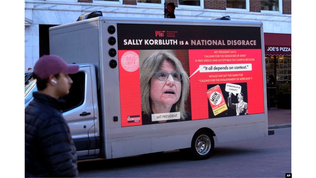 A truck with electronic panels is seen Dec. 12, 2023, near Harvard University, in Cambridge, Massachusetts, with messages critical of testimony to Congress by three university presidents regarding antisemitism. Pictured is MIT President Sally Kornbluth.
