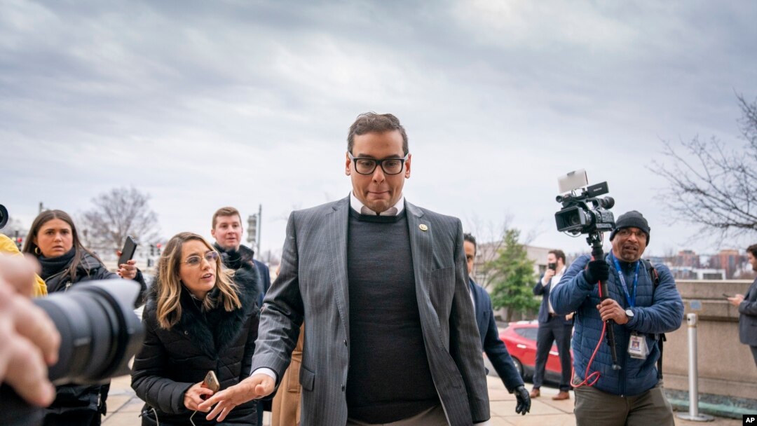 FILE - Rep. George Santos, R-N.Y., leaves a House GOP conference meeting on Capitol Hill in Washington, Jan. 25, 2023.