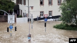 The historic part of Heidelberg is flooded during high water of the Neckar river in Heidelberg, southwestern Germany, June 3, 2024. 