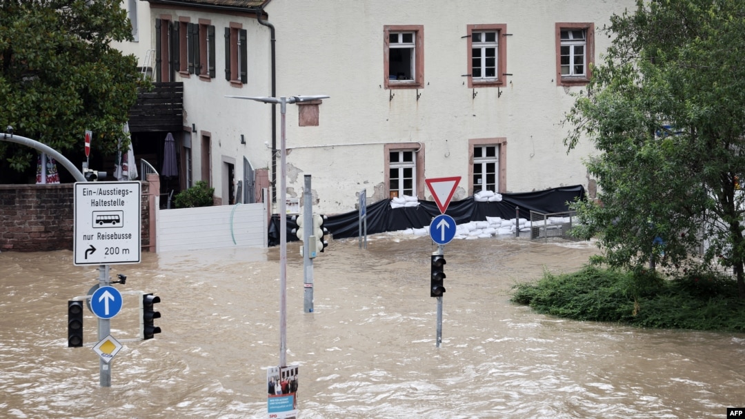 Banjir melanda wilayah Heidelberg, di barat daya Jerman, pada 3 Juni 2024. (Foto: AFP/Daniel Roland)
