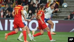 England's Lauren James, right, heads the ball during a Women's World Cup soccer match against China in Adelaide, Australia, on Aug. 1, 2023.
