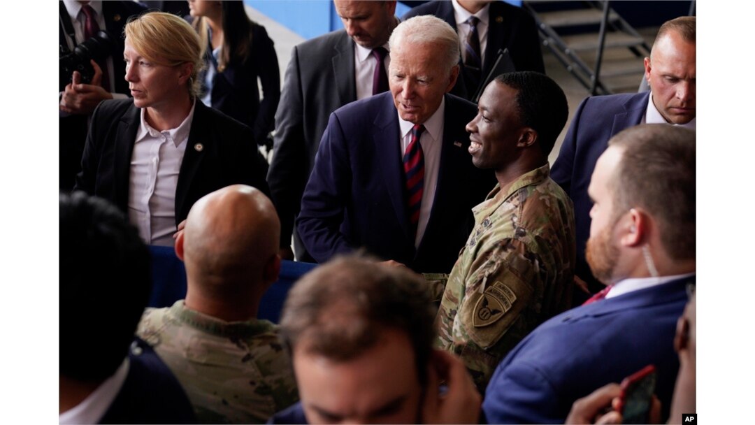 President Joe Biden greets service members at Joint Base Elmendorf-Richardson after he spoke to mark the anniversary of the Sept. 11 terrorist attacks, in Anchorage, Alaska, Sept. 11, 2023.