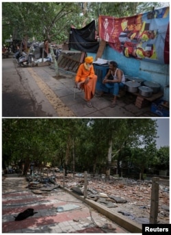 FILE - A combo shows a Sadhu or a Hindu holyman talking to a man as they sit on a pavement outside a slum May 29, 2023, and the same place after the demolition of the slum by the authorities during a demolition drive in New Delhi, June 15, 2023.