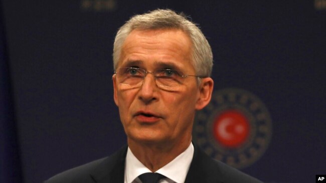 FILE - NATO Secretary-General Jens Stoltenberg, pictured speaking at a news conference in Ankara on Feb. 16, 2023, said Feb. 22 in an AP interview that the alliance will support Ukraine “for as long as it takes” in its fight against Russian invaders.