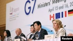 Japan's Environment Minister Akihiro Nishimura and Minister of Economy, Trade and Industry Yasutoshi Nishimura attend at a news conference of G-7 Ministers' Meeting on Climate, Energy and Environment in Sapporo, Apr. 16, 2023, (Kyodo via Reuters) 