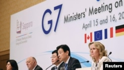 Japan's Environment Minister Akihiro Nishimura and Minister of Economy, Trade and Industry Yasutoshi Nishimura attend at a news conference of G7 Ministers' Meeting on Climate, Energy and Environment in Sapporo, Apr. 16, 2023, (Kyodo via Reuters) 