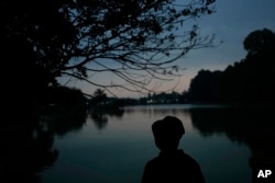 A woman walks at Situ Gede lake in Bogor, West Java, Indonesia, Tuesday, Oct. 10, 2023. (AP Photo/Achmad Ibrahim)
