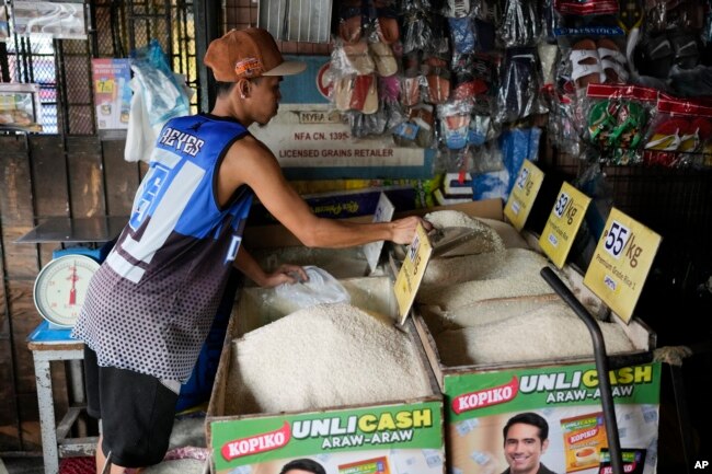 A vendor sells rice at a store in Quezon city, Philippines, on Monday, Aug. 14, 2023. Countries worldwide are scrambling to secure rice after a partial ban on exports by India cut supplies by roughly a fifth. (AP Photo/Aaron Favila)
