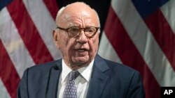 FILE - Rupert Murdoch speaks during the Herman Kahn Award Gala, Oct. 30, 2019, in New York. 