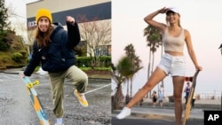 These photos shows Hannah Dooling posing outside Daddies Board Shop in Portland, Ore., in December 2021, left, and Yun Huang posing with her longboard in Santa Monica on Aug. 31, 2022. (Devon Hubner, via AP, left, and Laura Paragano via AP)