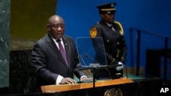 FILE - South African President Cyril Ramaphosa addresses the 78th session of the United Nations General Assembly on Tuesday, September 19, 2023 in New York, USA.