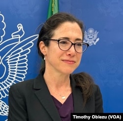 U.S. Assistant Secretary of State Mallory Stewart takes part in a press briefing in Abuja, Nigeria, on Aug. 21, 2024.