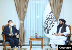 Chinese ambassador to Kabul, Wang Yu, met with Taliban Foreign Minister Amir Khan Muttaqi, May 23, 2023. (Photo courtesy of Taliban FM).