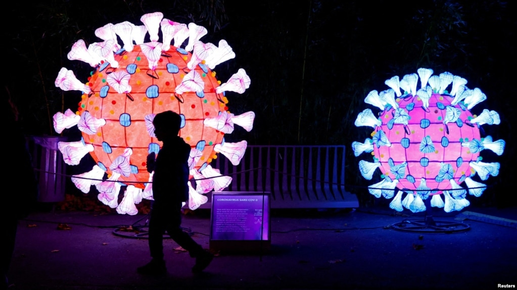 FILE - A visitor walks past a coronavirus (COVID-19) model as he visits the "Mini-Worlds on the Way of Illumination" exhibition at the Jardin des Plantes in Paris, France, November 12, 2022. (REUTERS/Gonzalo Fuentes) 