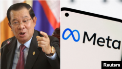 This collage image shows Cambodia's former prime minister Hun Sen speaks at the National Assembly on August 22, 2023, and the logo of Meta company. (REUTERS)