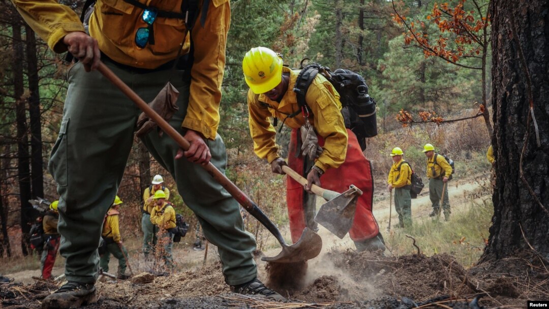 FILE - Crew members belonging to Arcadia 20, a group of partially-incarcerated firefighters based in Spokane, Washington dig through dirt and ash during fire mop up activities on deployment at the Oregon fire near Deer Park, Washington, Aug. 30, 2023.