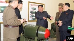 북한은 김정은 지난 3월 국무위원장이 600㎜ 초대형방사포와 순항미사일 화살-1형·화살-2형, 단거리탄도미사일 화성-11형 등에 탑재 가능한 전술 핵탄두 ‘화산-31’을 살펴봤다며 사진을 공개했다. (자료사진)