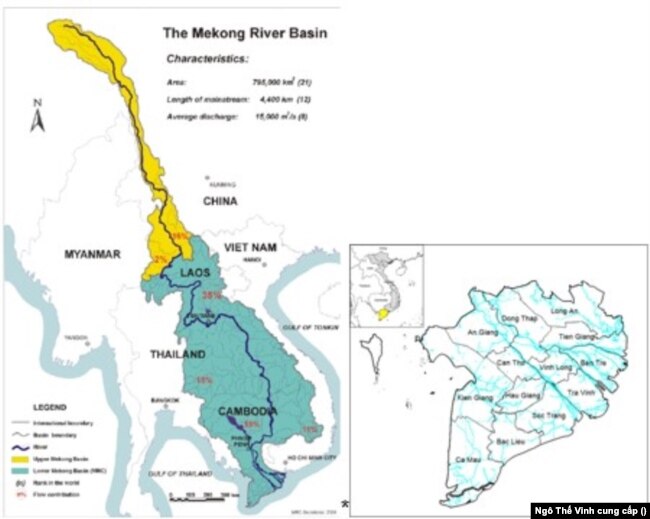 Hình trái: Lưu vực sông Mekong – Mekong River Basin or Watershed [MRC 2000]; phải, ĐBSCL là một vùng châu thổ hay tam giác châu (Delta), lớn thứ 3 của thế giới, với lịch sử hình thành do phù sa từ thượng nguồn đổ xuống, lắng đọng lại nơi 9 cửa sông từ suốt bao nhiêu ngàn năm qua. Việc nhà nước CSVN tùy tiện đổi tên thành Lưu vực sông Cửu Long (6) là sai, cả về phương diện địa chất và thủy văn. ĐBSCL hiện nay đang từ từ bị tan rã do “nước đói – hungry water” không còn phù sa, nước đói trở lại “ăn đất”, gây sạt lở hai bên bờ sông và ven bờ duyên hải; chỉ riêng mũi Cà Mau mỗi năm đã mất hơn 600 mẫu đất và tốc độ lẹm đất ấy ngày một gia tăng. [Ghi chú của Ngô Thế Vinh]