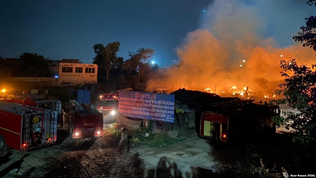A fire broke out at a Rohingya refugee camp in Delhi on June 13, 2021. Shanties were reduced to ashes by the fire.