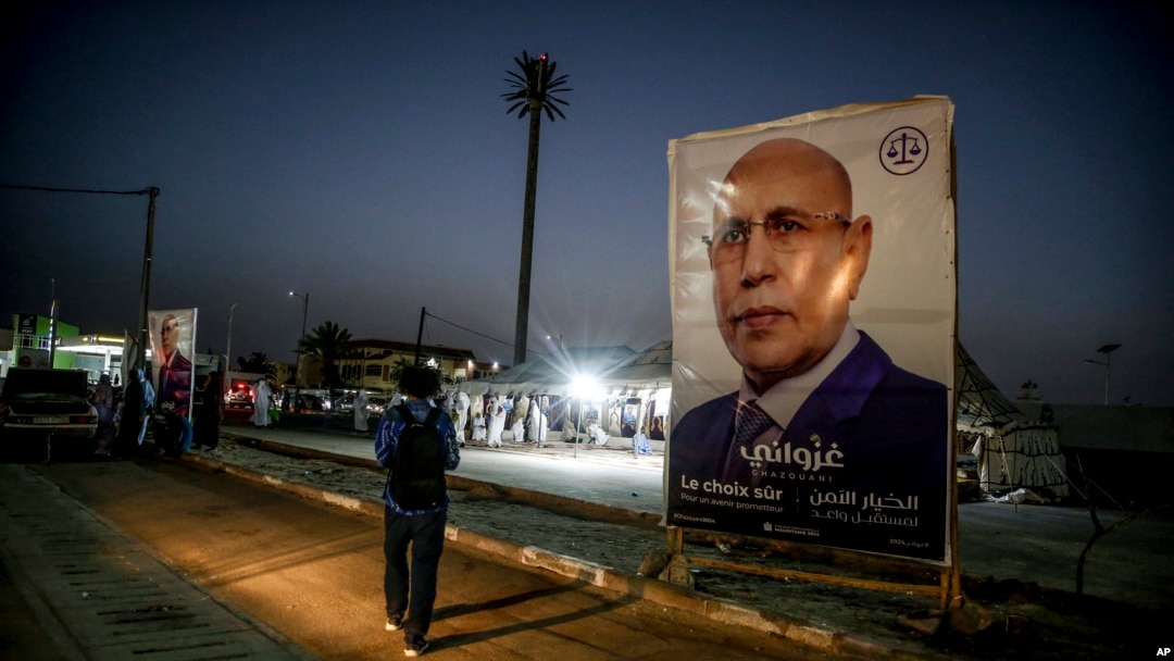 An electoral banner for Mauritanian president Mohamed Ould Ghazouani is placed during a campaign rally in Nouakchott, Mauritania, June 26, 2024. The president is expected to be reelected.