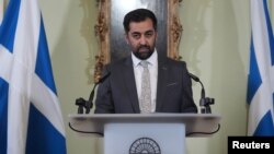 Scotland's First Minister Humza Yousaf speaks during a press conference at Bute House, his official residence, where he said he will resign as SNP leader and Scotland's First Minister, in Edinburgh, Britain, April 29, 2024. 